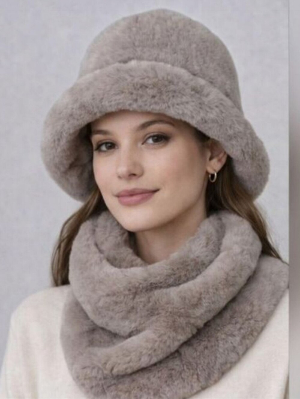 Gemma Layne Faux Fur Bucket Hat & Infinity Scarf Set – Taupe | NWT